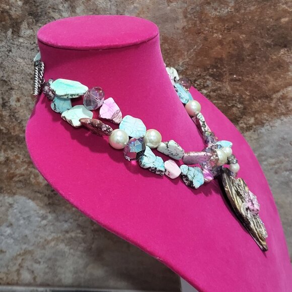 Double Strand Necklace Bracelet Set Double Mixed Pink Turquoise Stone Beads Cros - Picture 14 of 15